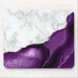 Tapis De Souris Agate d'argent violet Marbre blanc<br><div class="desc">Marbre blanc et agate violet élégante,  parés de parties scintillant en faux argent,  se marient dans ce design luxueux.</div>