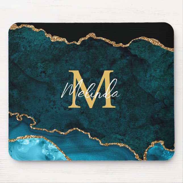 Tapis De Souris Agate Marbré Bleu Sarcelle et Or (Devant)