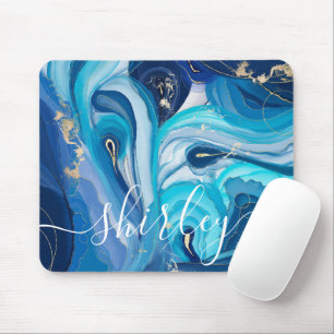 Tapis De Souris Agate moderne Blue Swirl Iridescente Nom personnal