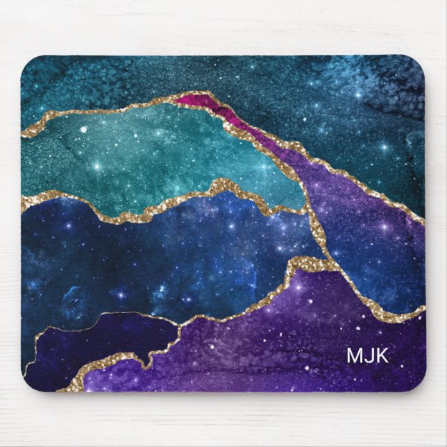 Tapis De Souris Agate Monogramme Veines Or Bleu Violet Aqua (Devant)
