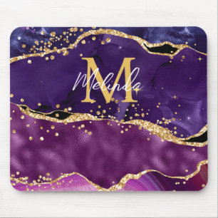 Tapis De Souris Agate Sequins Pailletés Or et Violet Foncé