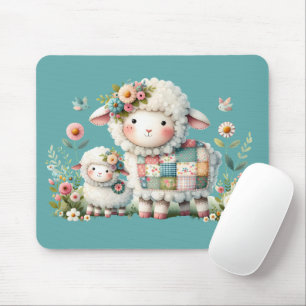Tapis De Souris Agneaux mignons aux accents floraux et patchwork