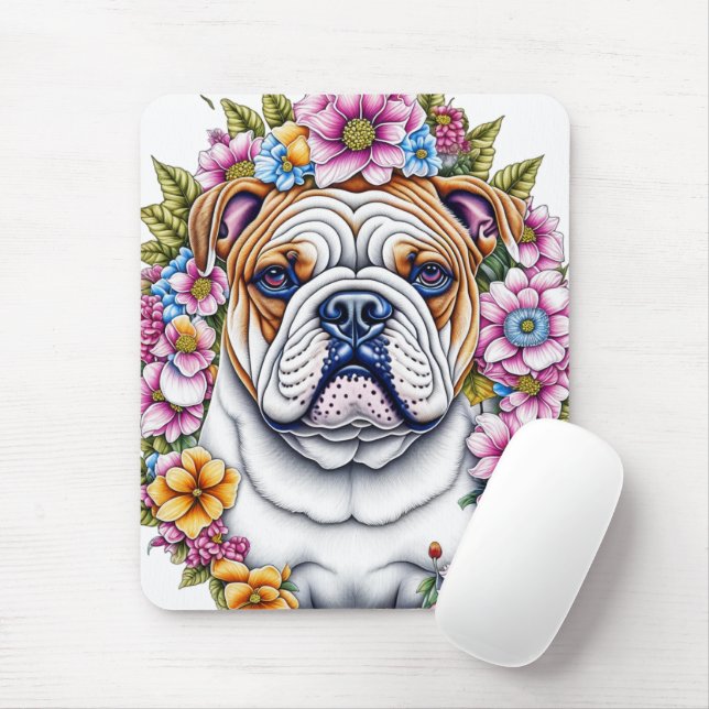 Tapis De Souris Ai Art Bulldog entouré de fleurs lunaires (Avec souris)