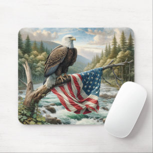 Tapis De Souris Aigle Balle Avec Drapeau Américain Sur Branche Arb