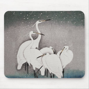 Tapis De Souris Aigrettes japonaises Grues Oiseau Hiver Neige Art
