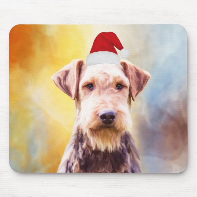 Tapis De Souris Airedale Chien Noël Santa Hat Art Portrait (Devant)