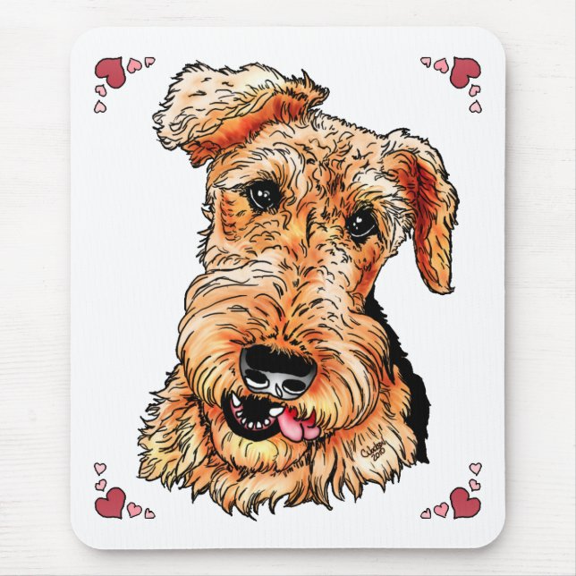Tapis De Souris Airedale Terrier Coeurs roses Saint Valentin (Devant)