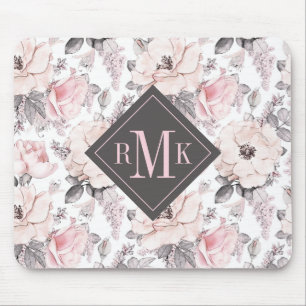 Tapis De Souris Ajoutez votre motifs roses du monogramme et gris