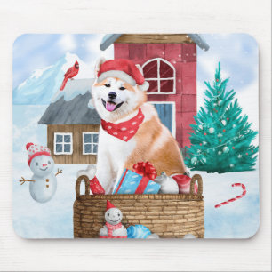 Tapis De Souris Akita Chien dans la neige Maison de Chien de Noël