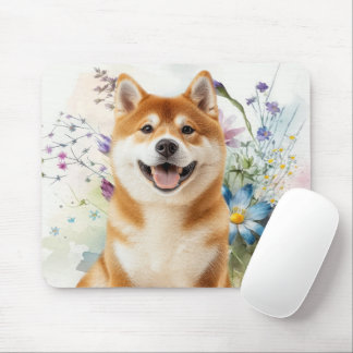 Tapis De Souris Akita Shiba Inu Dog with Blue Watercolor Flowers