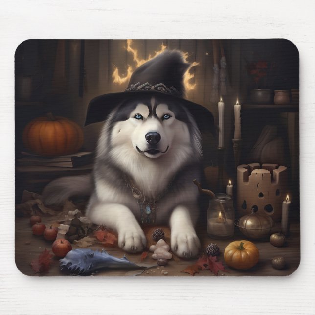 Tapis De Souris Alaskan Malamute Citrouilles Halloween effrayant (Devant)