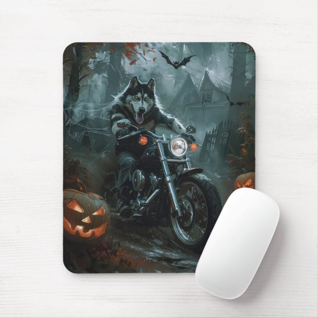 Tapis De Souris Alaskan Malamute équitation moto Halloween effraya (Avec souris)