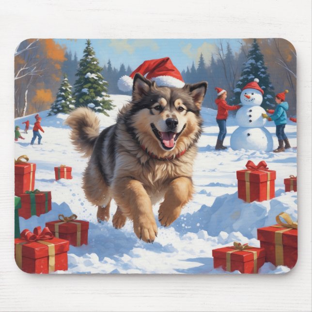 Tapis De Souris Alaskan Malamute Noël Festive Scène de neige (Devant)