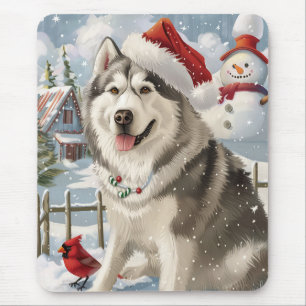 Tapis De Souris Alaskien Malamute Chien hiver Merveilles de Noël