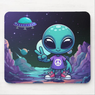 Tapis De Souris Alien de paix mignon et vaisseau spatial