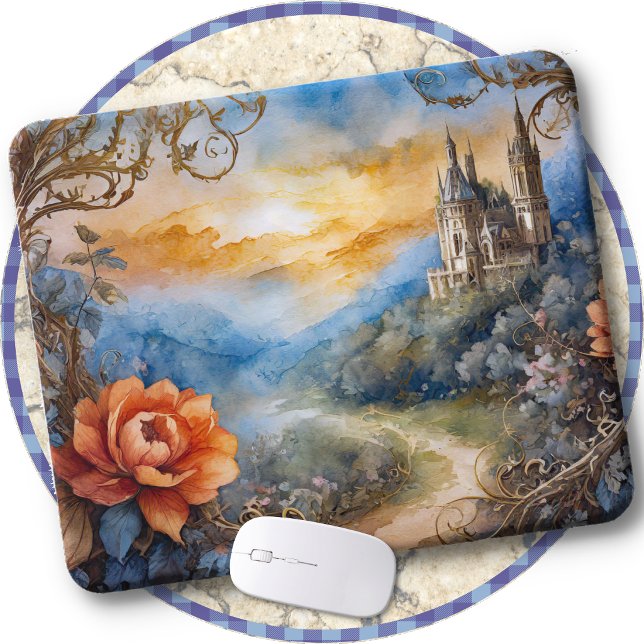 TAPIS DE SOURIS - Allée florale vers le château (MOUSE PAD - A colorful work of art on a mouse pad to decorate your desk.)