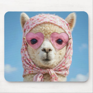 Tapis De Souris Alpaca portant une écharpe et des lunettes de sole