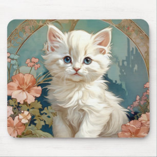 Tapis De Souris Alphonse Mucha Style Chat blanc