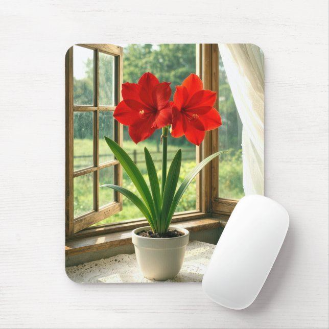 Tapis De Souris Amaryllis rouge en fleurs  (Avec souris)