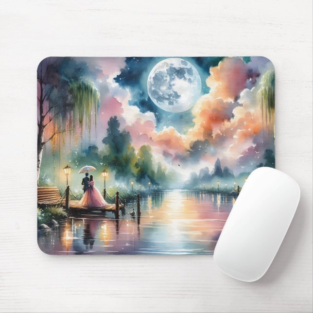 Tapis De Souris Ambiance romantique Moonlight Watercolor Scène noc (Avec souris)