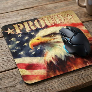 Tapis De Souris Américain fier. Aigle chauve et drapeau des États-