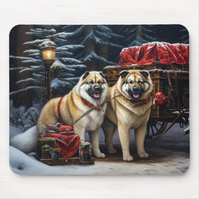 Tapis De Souris American Akita Snowy Sleigh Ride Décor de Noël (Devant)