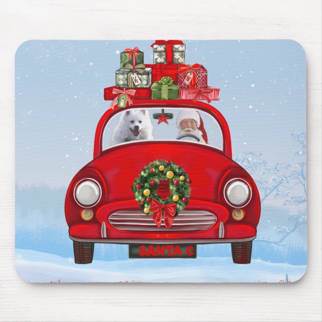 Tapis De Souris American Eskimo Dog In Car With Santa Clause  (Devant)