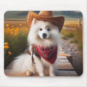 Tapis De Souris American Eskimo Dog portant un Casquette Cowboy Br