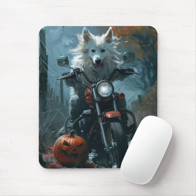 Tapis De Souris American Eskimo équitation moto Halloween effrayan (Avec souris)