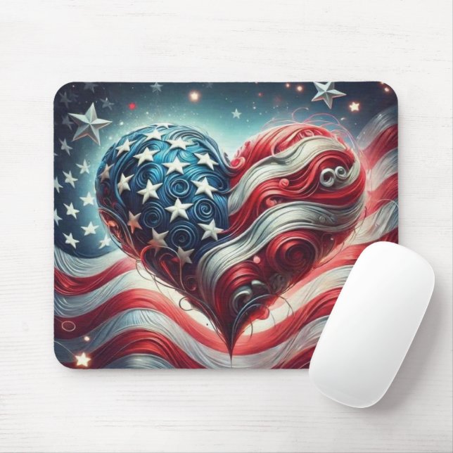Tapis De Souris American Flag Heart Mouse Pad – Patriotic Desktop  (Avec souris)