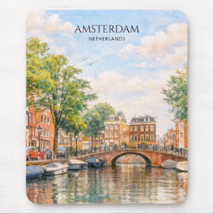 Tapis De Souris Amsterdam Pays-Bas Canal Ville Colorée Voyage