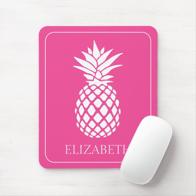 Tapis De Souris Ananas blanc chic sur fond rose (Avec souris)