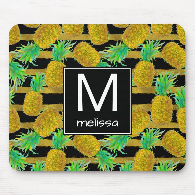 Tapis De Souris Ananas d'or sur le monogramme des rayures | (Devant)