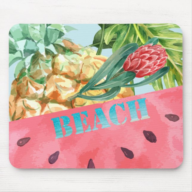 Tapis De Souris Ananas Pastèque Hibiscus Feuilles de Palmier Cool  (Devant)