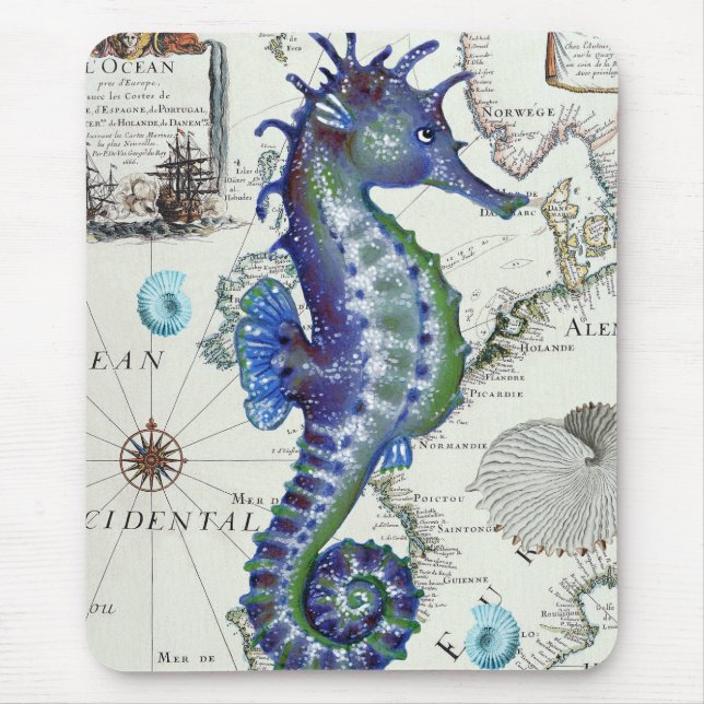 Tapis De Souris Ancienne carte de Seahorse (Devant)