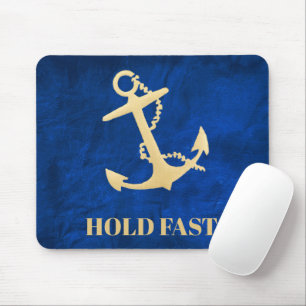 Tapis De Souris Ancre de bateau en or sur cuir bleu