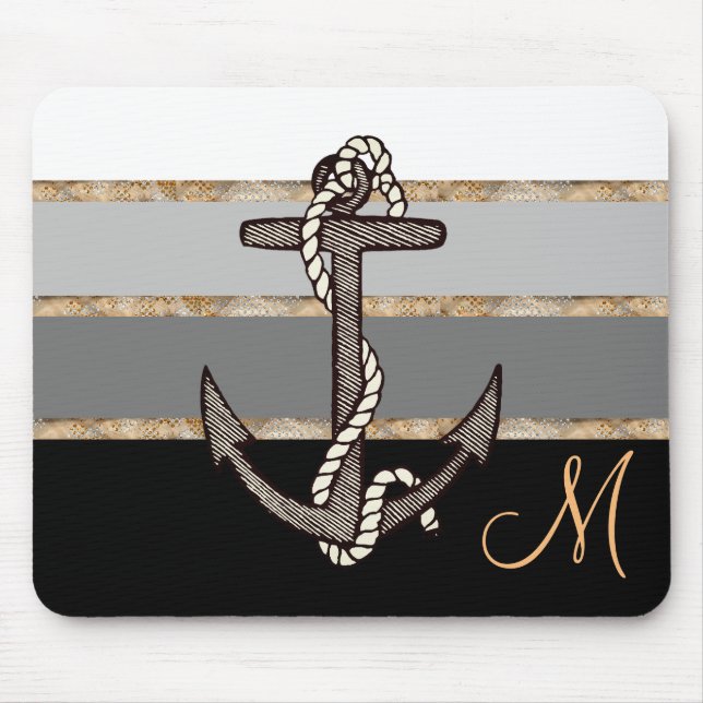 Tapis De Souris Ancre et corde (dégradé noir avec monogramme) (Devant)