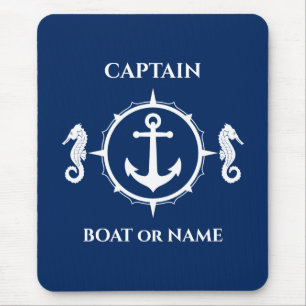 Tapis De Souris Ancre nautique Capitaine Bateau ou nom Blue