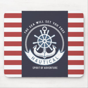 Tapis De Souris Ancre nautique,Roue, Bleu marine,Rayures rouges