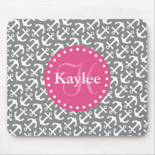 Tapis De Souris Ancres chic rayées Motif rose gris