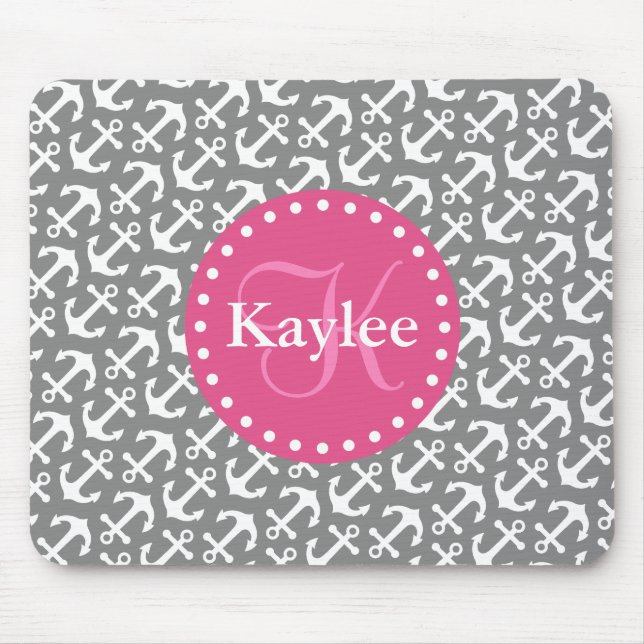 Tapis De Souris Ancres chic rayées Motif rose gris (Devant)
