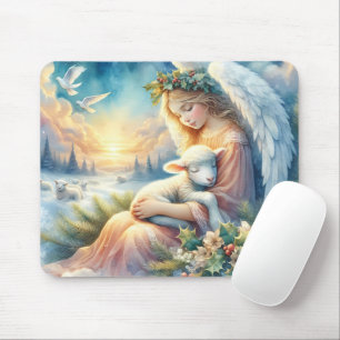 Tapis De Souris Ange de Noël avec agneau dans la paix hivernale