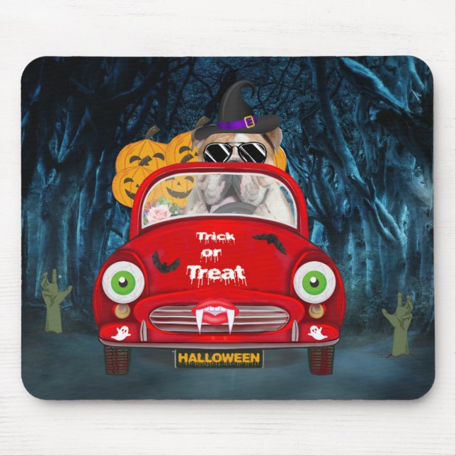 Tapis De Souris Anglais Bulldog Driving Car Effrayant Halloween (Devant)