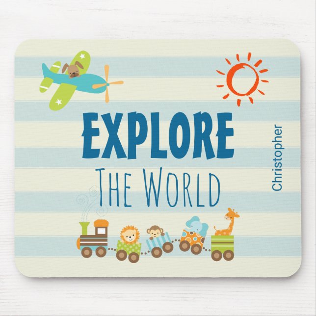 Tapis De Souris Animal Toy Train and Airplane on Stripes (Devant)