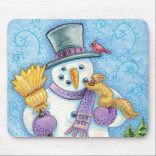 Tapis De Souris Animaux mignons construisant un bonhomme de neige