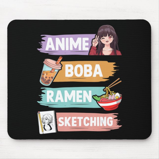 Tapis De Souris Anime Boba Ramen Esquisse Otaku Kawaii Anime Girl (Devant)