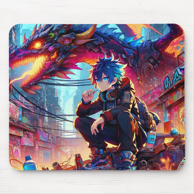 Tapis De Souris Anime Boy et Dragon dans un monde dystopique (Devant)