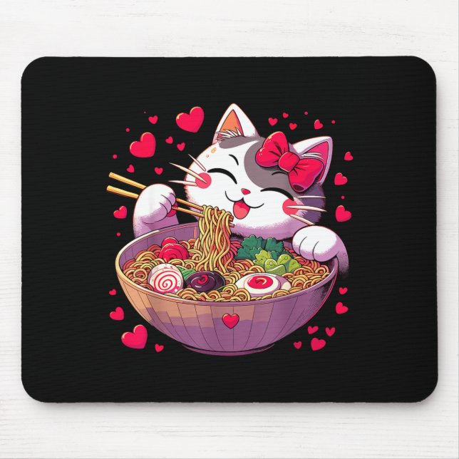Tapis De Souris Anime Cat Eating Ramen Noodles With Hearts Valenti (Devant)