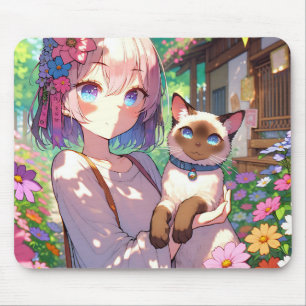 Tapis De Souris Anime Girl et chat siamois