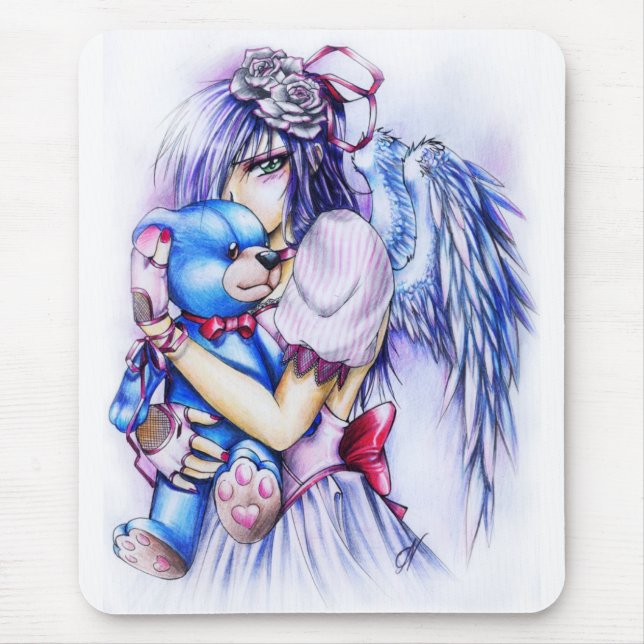 Tapis De Souris Anime Gothique Fille Ange Rose Avec Teddy (Devant)